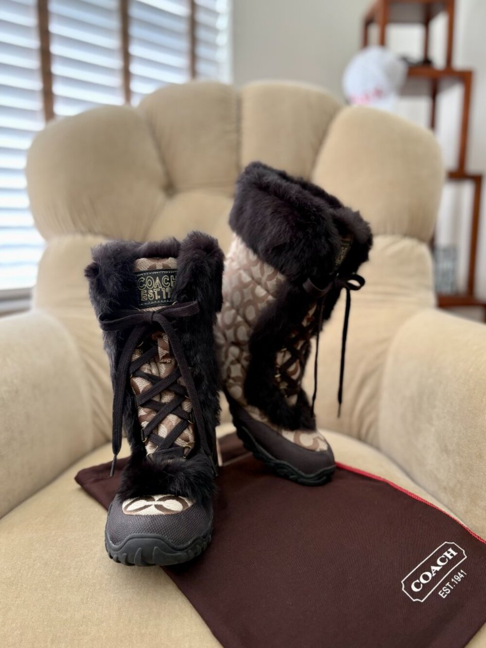 NEW Auth. COACH Iconic Jennie Q522 Oak Jacquard Rabbit Fur Cool Weather Boots